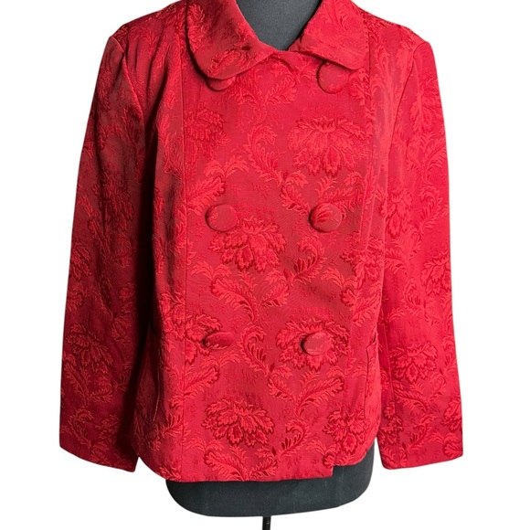 Talbots Jacket Pea Coat Large Red Floral Brocade Double Breasted Fully Lined - Picture 6 of 16